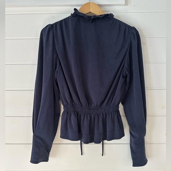 REBECCA TAYLOR Slit V-Neck Navy Long Sleeve Blouse Flattering Romantic Ruffles - Picture 7 of 13